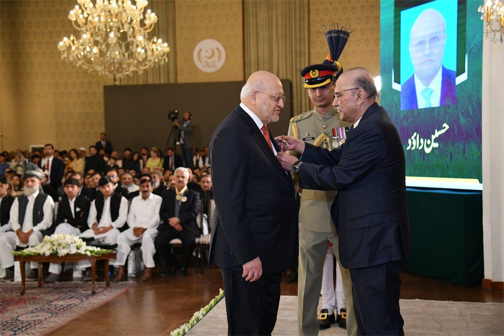 Hussain Dawood received the Hilal-i-Imtiaz in recognition of his contributions